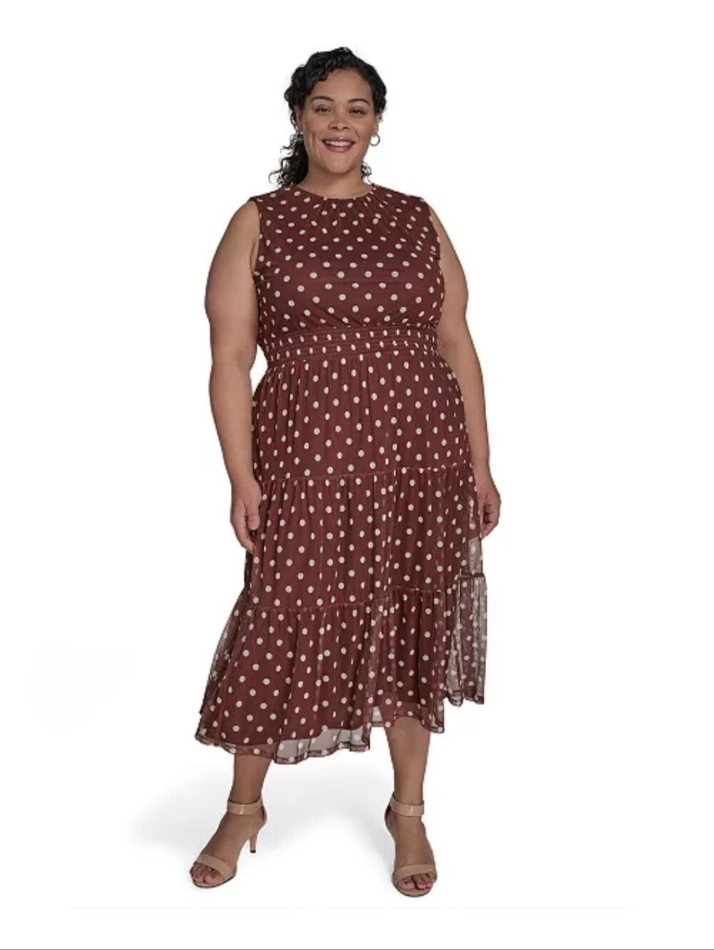 Jessica Howard NWT Brown Polka Dot Tiered Midi Dress 16W Sleeveless Coastal